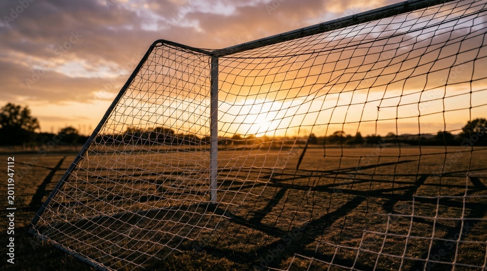 Fototapeta premium Soccer goal at sunrise with orange sky sport event early morning golden hour
