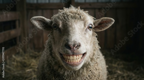 A sheep with a wide, human-like smile is looking directly at the camera in a dimly lit barn.