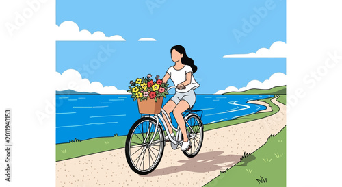 Photos Woman Riding Bicycle with Flowers.