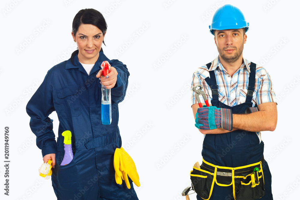 Fototapeta premium Cleaners stand ready for work, smiling confidently