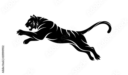 Obraz na płótnie Dynamic jumping tiger silhouette vector icon with powerful motion in black and w