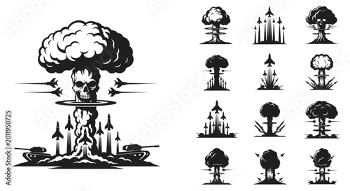 Nuclear Explosion Skull Icon Set: War, Apocalypse, Military Power, Atomic Bomb Icons