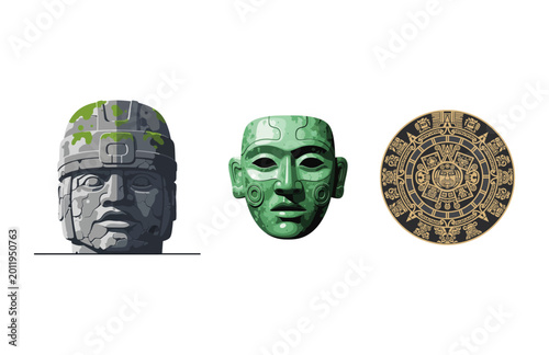 Tableau sur toile Vector art of ancient cultural symbols colossal head, ceremonial mask, and sun c