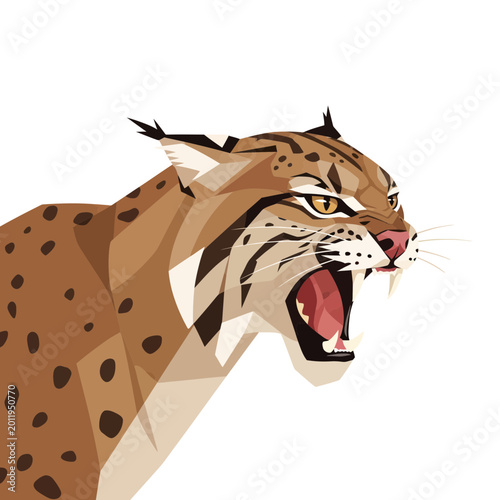 Aggressive Bobcat Roaring, Geometric Style, Wild Animal Portrait