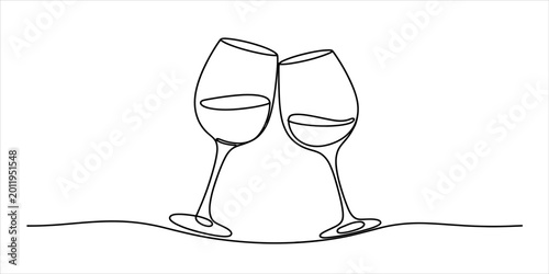 Billede på lærred Two wine glasses clinking together in a simple continuous single line drawing st