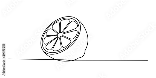 Fotografia Simple line art drawing of a fresh lemon fruit half cut open showing the juicy s
