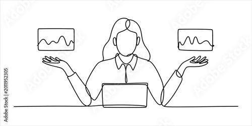 Continuous line drawing of a business woman working on a laptop computer and analyzing financial data charts on virtual screens in the office Vector, illustration