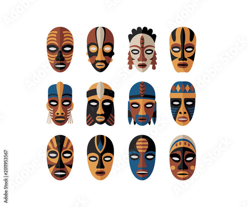 Bild auf Leinwand Set of colorful African tribal masks in flat vector style isolated on light background