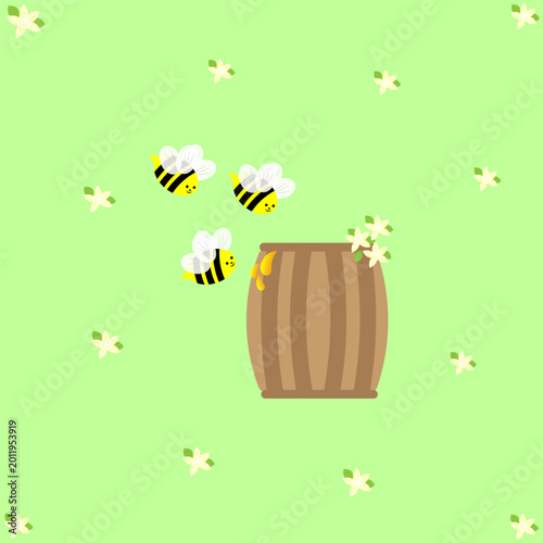 On a green background, linden flowers and bees flying towards a wooden barrel of honey. Vector illustration