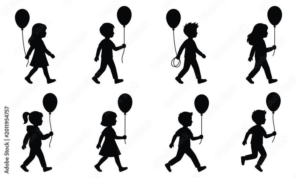 Fototapeta premium Children silhouettes walking with balloons, symbolizing childhood, joy, and celebration.