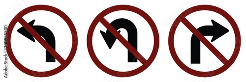 Bild auf Leinwand No left right and U turn sign symbol, prohibitory traffic traffic sign set, red