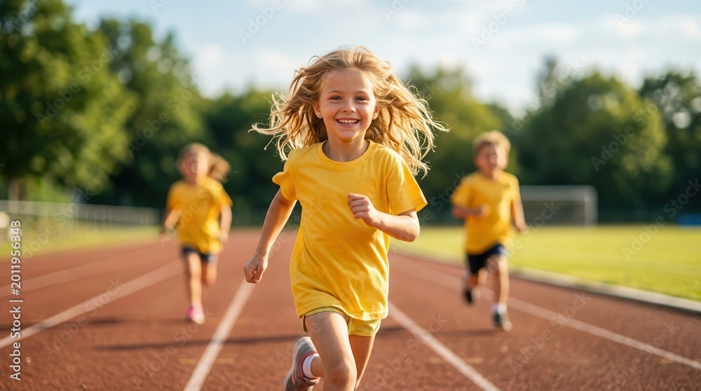 Obraz premium Excited kids enjoying a healthy activity at an outdoor youth athletic event on sports day.