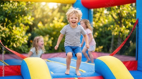 Happy children laughing and jumping inside a colorful inflatable bounce house.