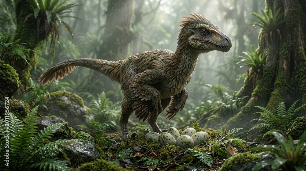 Fototapeta premium Feathered dinosaur guarding a clutch of eggs in a mossy prehistoric nest.