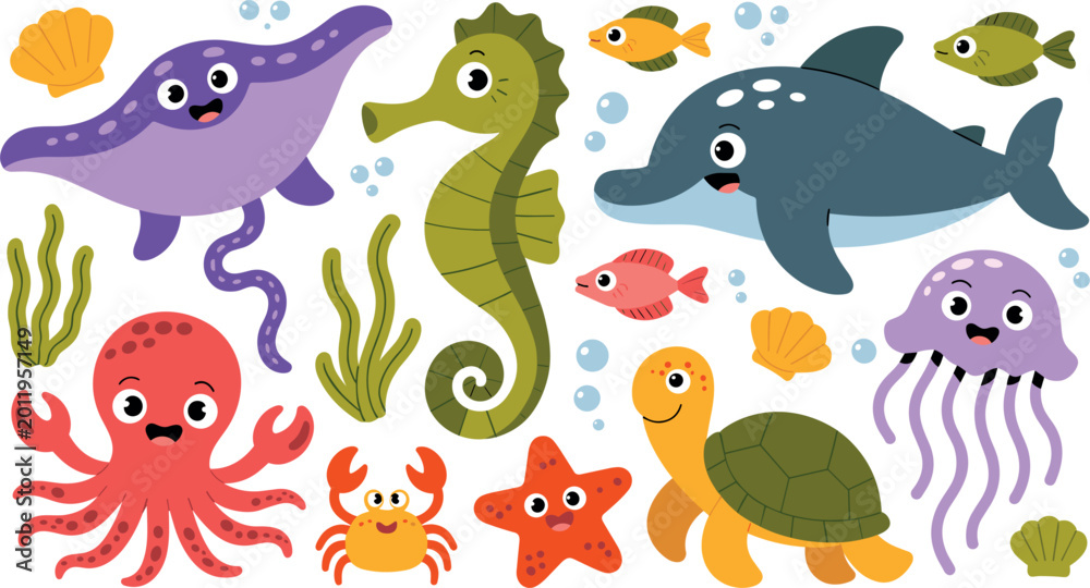 Fototapeta premium Cute collection of underwater sea animal characters including dolphin octopus seahorse turtle and jellyfish isolated on white background for kids education and nursery wall decor.
