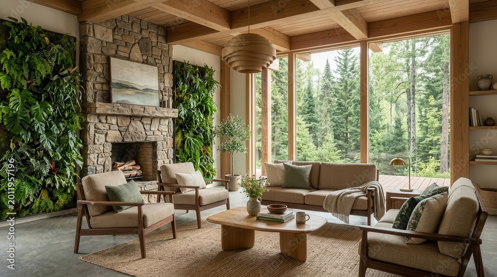 Obraz premium Spacious living room with wooden furniture, cozy fireplace, and lush forest view through large windows.