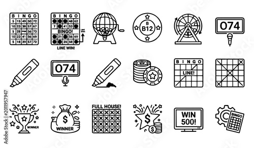 Bingo icon set featuring lottery cards prize balls tumblers dabber markers winner trophies money bags and gambling competition gaming symbols