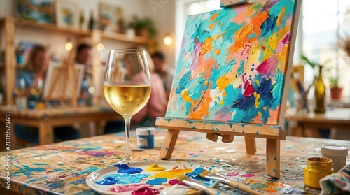 Two glasses of white wine and art supplies on a colorful table for a paint and sip session.