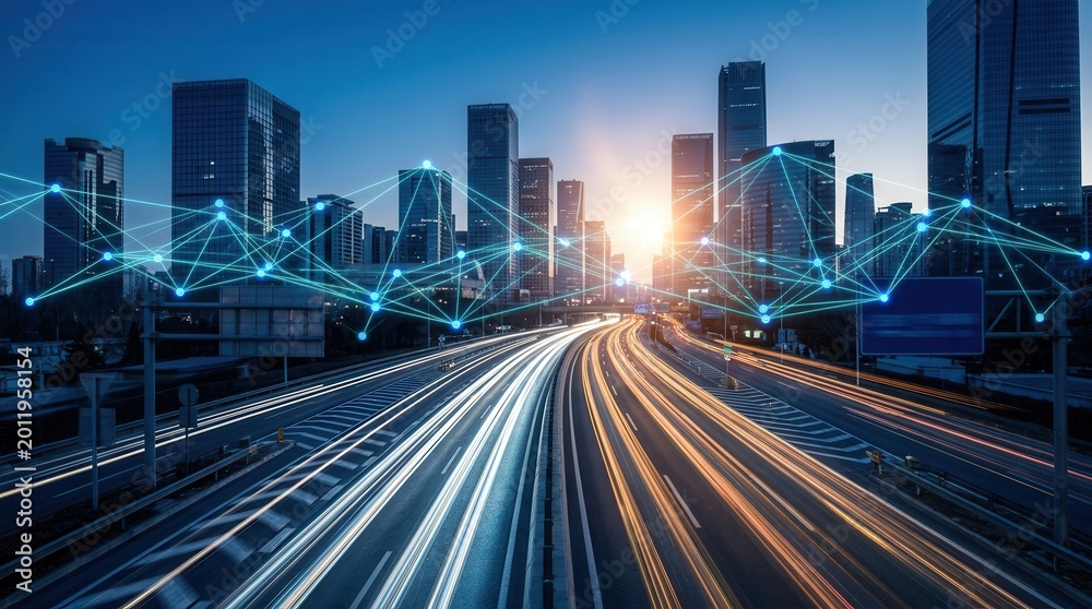 Obraz premium Metropolitan planning and innovation concept featuring an urban landscape with enterprise roadmap framework.