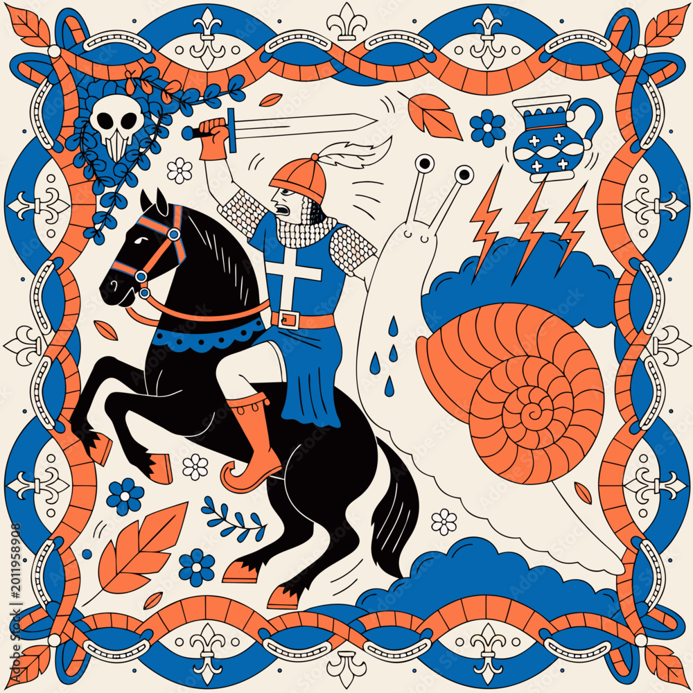 Obraz premium Knight riding a horse battles a giant snail in this whimsical medieval style fantasy illustration.
