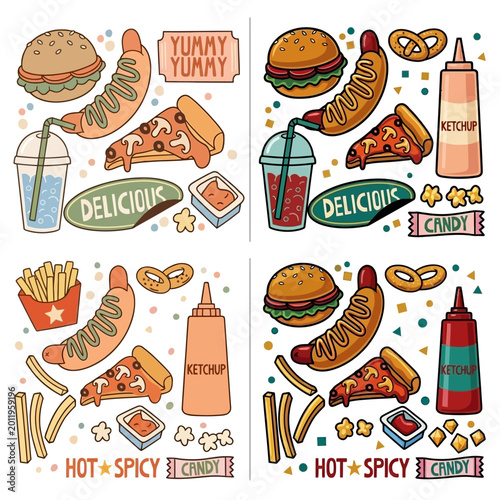 Canvastavla Colorful illustrations of various fast food items are arranged on a white background
