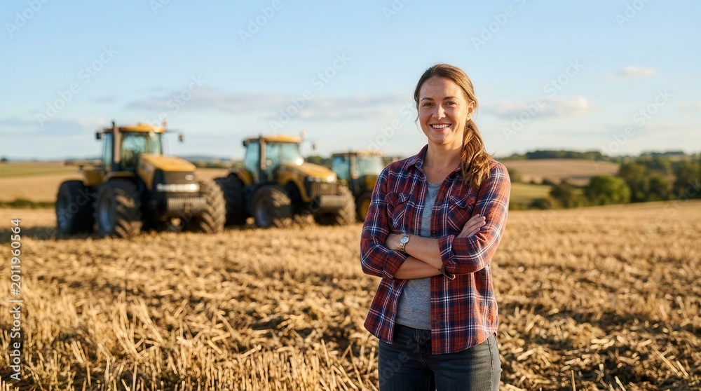 Fototapeta premium A confident female farmer posing with arms crossed in front of yellow tractors.