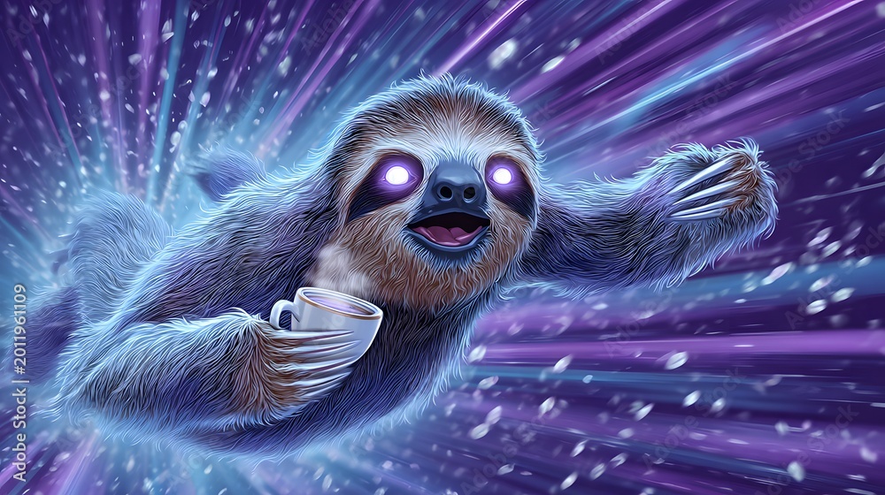Fototapeta premium A sloth speeds through a colorful background while holding a cup of coffee