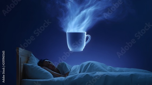 Individual in bed moves restlessly while a large coffee cup hovers overhead