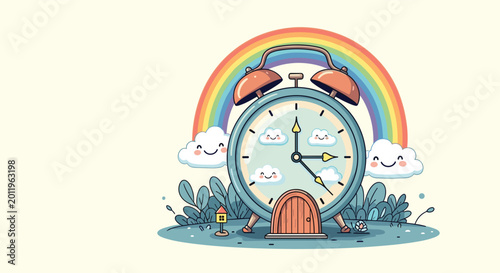 Whimsical alarm clock shaped house sits in a garden under a bright colorful rainbow with smiling clouds and green plants for a child fantasy.