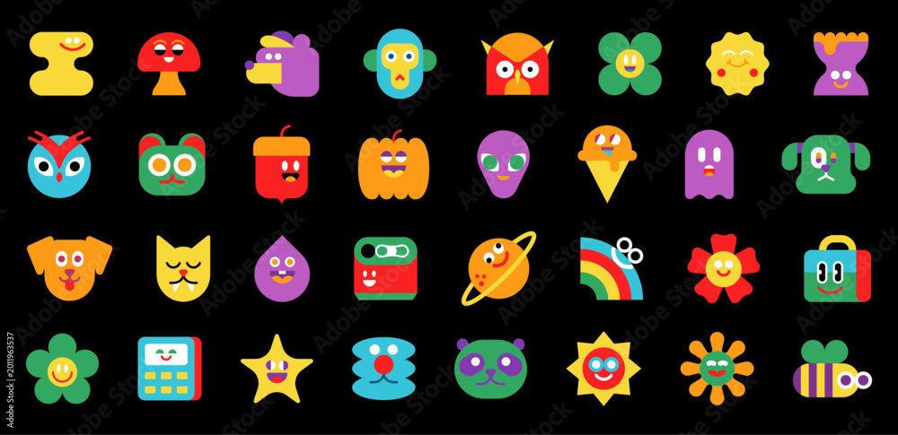Obraz premium Cute cartoon mascot icon set with colorful character faces