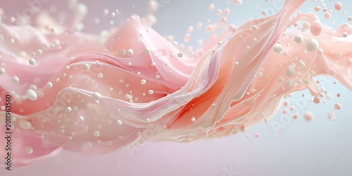 Pink flowing liquid splash with pearl droplets and soft fabric waves for delicate abstract wallpaper and feminine banner design