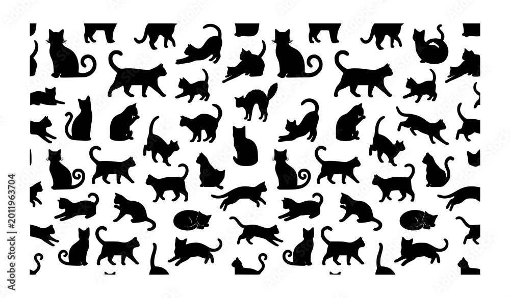 Obraz premium Elegant black cat seamless pattern with stylized feline silhouettes in flowing repeat on white background