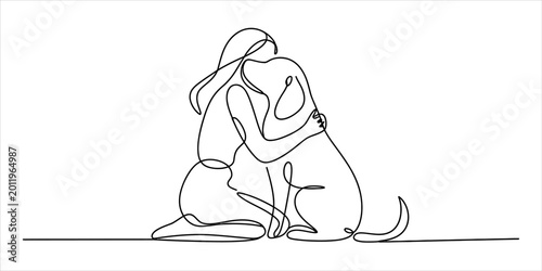 Tableau sur toile Continuous single line drawing of a happy young woman kneeling down and giving a