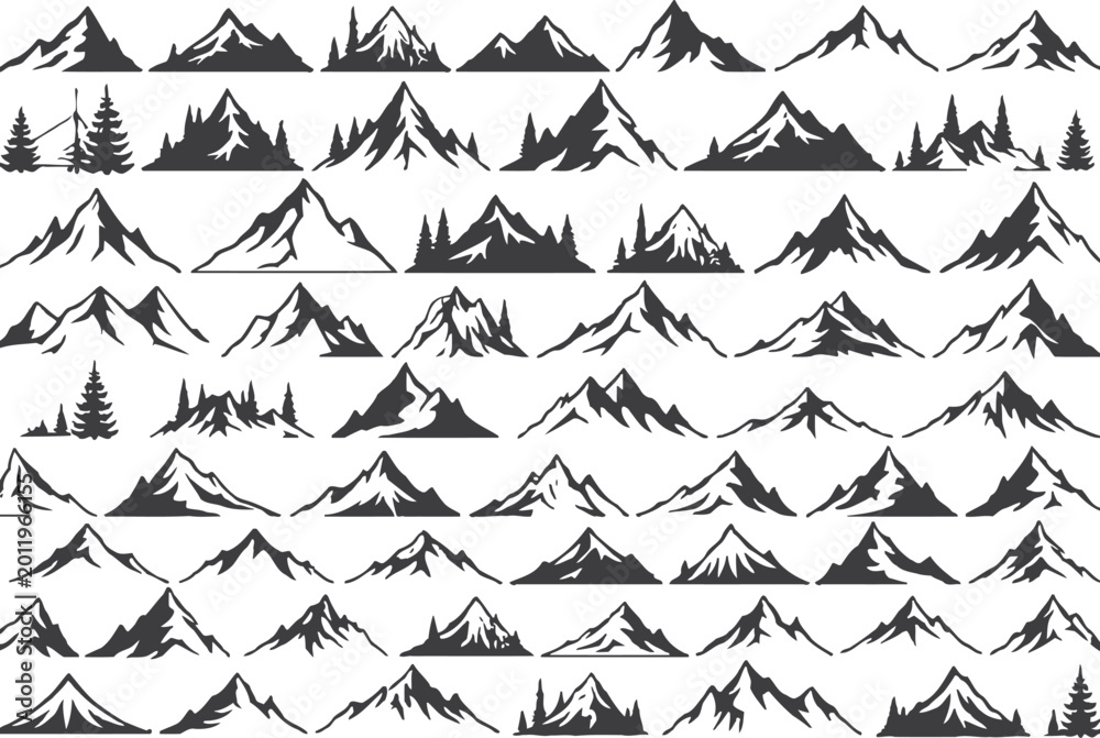 Fototapeta premium Black and white mountain silhouettes pattern with trees on white background