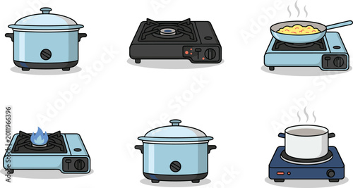 Cuadro en lienzo Set of Portable Gas Stoves and Electric Cookers with Cooking Pots and Frying Pan