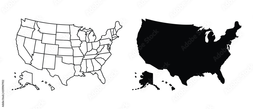 Obraz premium USA political map vector set with detailed state outlines, blank and filled high contrast United States maps for infographic design, geographic visualization, education, data mapping, and graphic proj