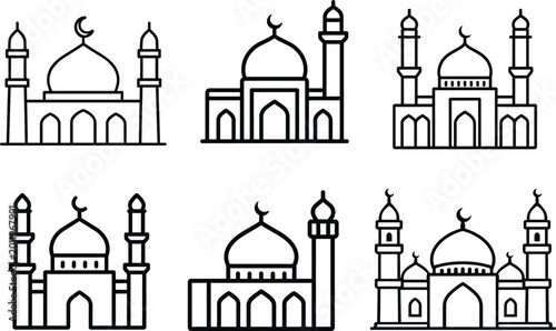 Photos Set of six mosque building line icons