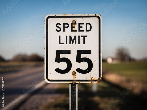 Weathered Speed Limit 55 Road Sign on Rural Highway with Blurred Countryside Background and Clear Blue Sky