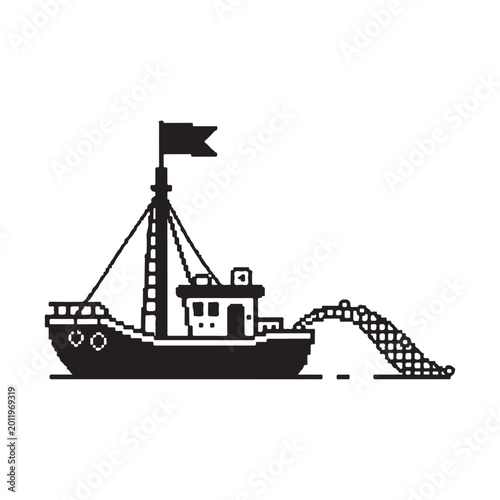 Quadro su tela Pixel art fishing trawler with net