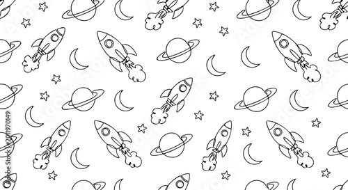 Quadro su tela Rocket and planet outer space for nursery pattern