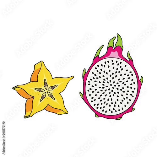 Side-by-side comparison of a starfruit slice and a dragonfruit half. High contrast color palette of bright magenta, vibrant yellow, and deep black for seeds. Symmetrical shapes with sharp,