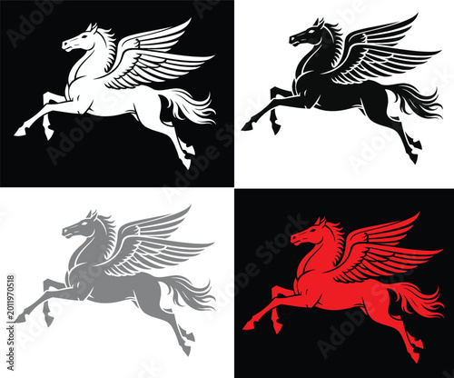 Four colored variations of a mythical winged horse or pegasus icon