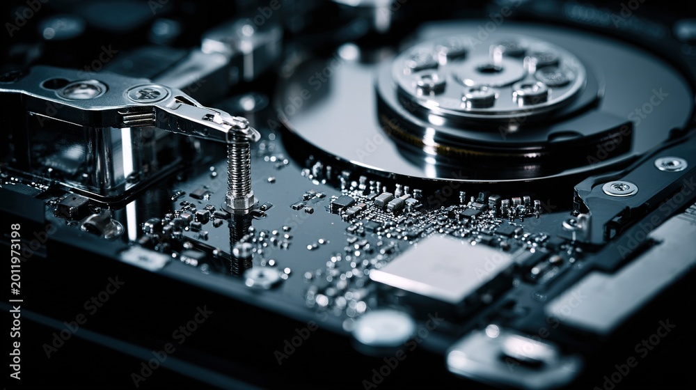 Obraz premium Hard Drive Inspection: Exploring the Inner Components of a Disk Drive