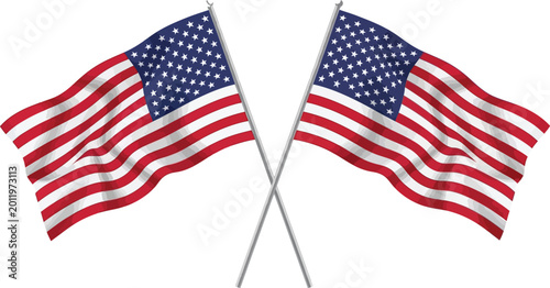 Two american flags waving on crossed poles isolated on transparent background