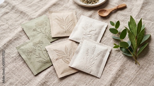 Natural embossed botanical seed packets on linen with wooden spoon and sprig for organic product packaging mockup and eco background