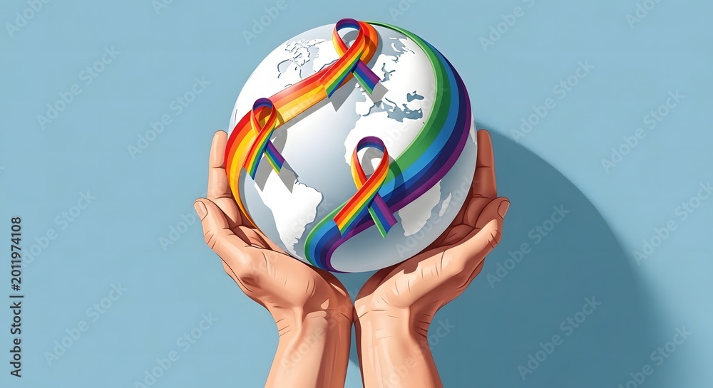 Fototapeta premium Hands holding a globe with a rainbow ribbon around it