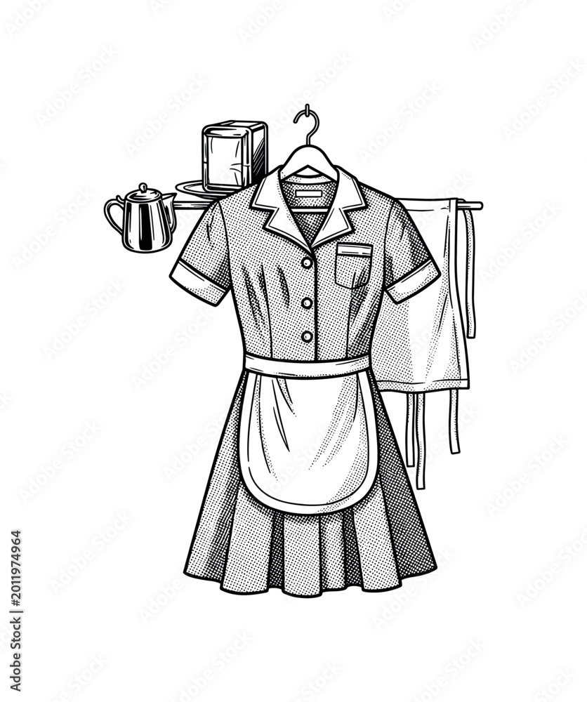 Obraz premium A retro diner waitress uniform dress on a hanger with apron and subtle engraved fabric texture, iconic service object, black and white halftone illustration,