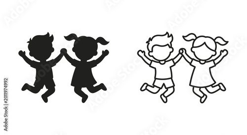 Canvas-taulu children silhouettes and line art jumping holding hands