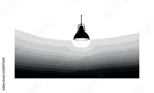 A hanging dock lamp casting a weak halo into foggy emptiness, off-center composition with negative space, monochrome halftone illustration, visible print dots,