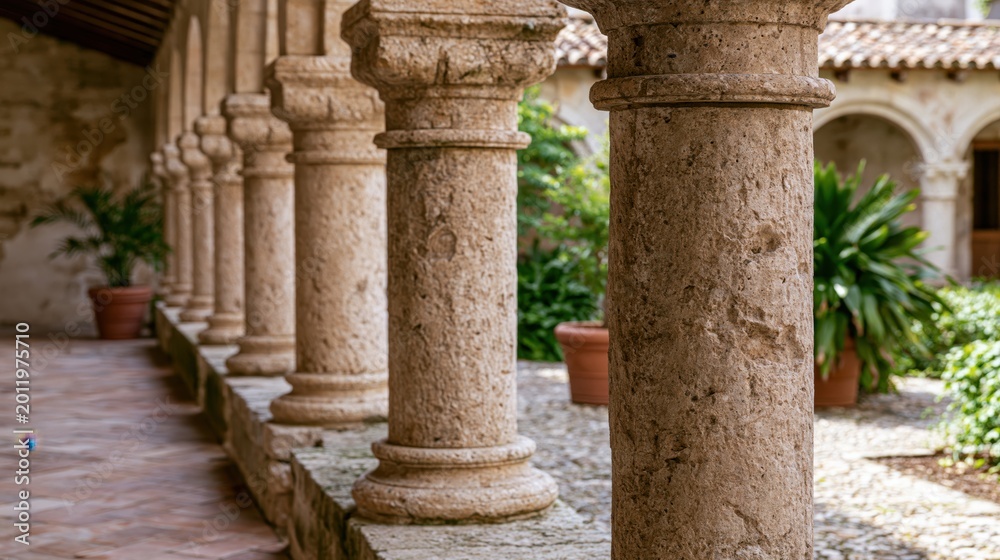Fototapeta premium Aged pillars with intricate textures line the silent gallery of a historic gothic abbey.